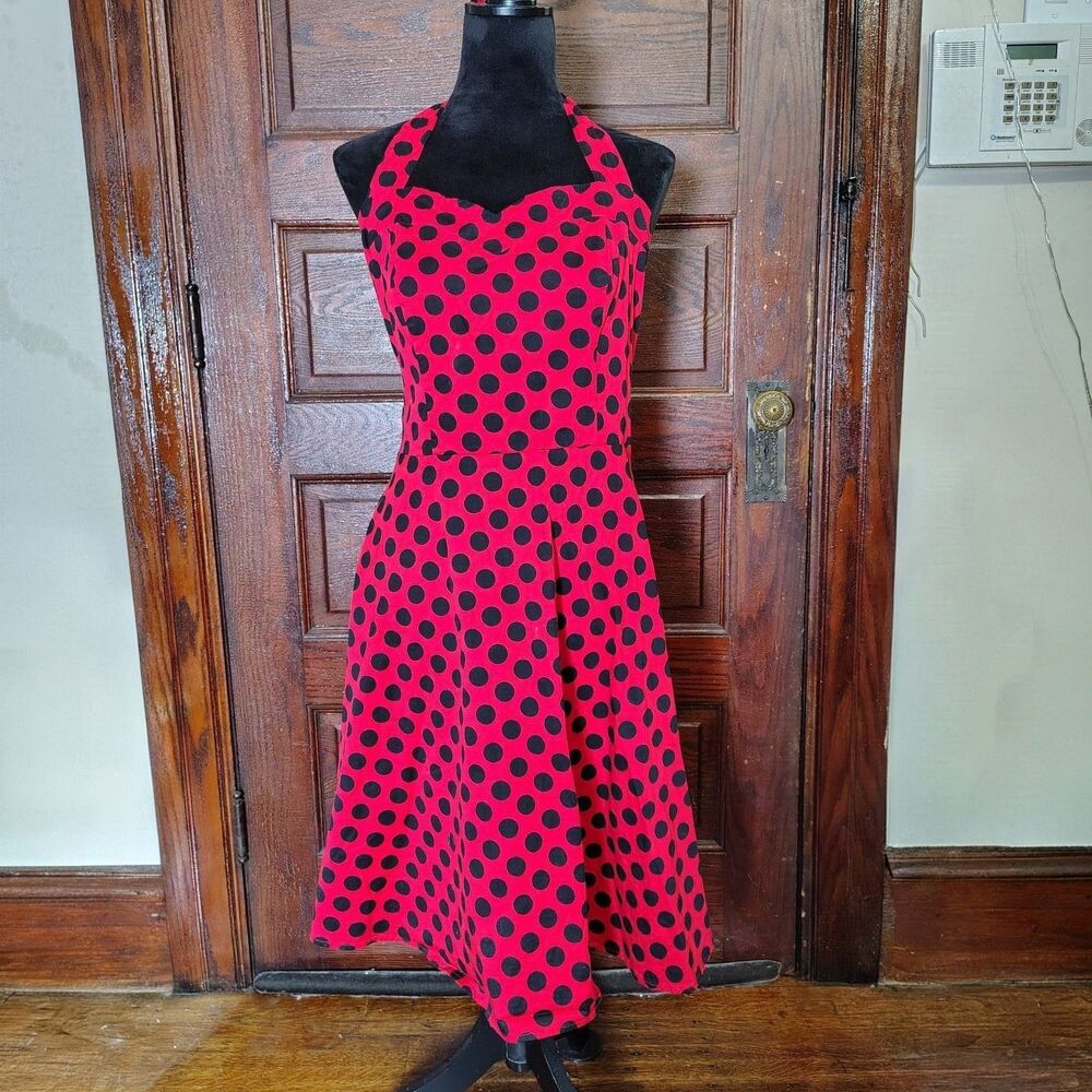 Red Blk Polka Dot Halter Rockabilly Swing Dress Sz 3XL/T740